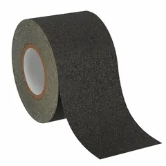 Solid black rubber tape with very coarse 24 grit abrasive surface. 6.7 mil thick, pressure-sensitive adhesive, high conformability. Continuous roll for indoor/outdoor use in oily and muddy environments. Meets OSHA specifications.
