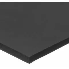 Closed-cell EPDM foam sheet, 36 in x 120 in, 3/8 in thick, black, plain finish with smooth surface. Temperature range -90°F to 275°F. Meets FMVSS 302 standards. Used for gasketing, sealing, vibration damping, and thermal insulation in industrial applications.