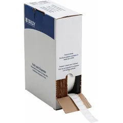 Nylon wraparound label roll, black on white, measuring 3/4 in x 1/2 in. Designed for wire identification on 16 AWG to 10 AWG gauge cables. Compatible with BMP71 printer series and requires R4310 ribbon. Suitable for marking wires in electrical panels, control cabinets, and maintenance applications.