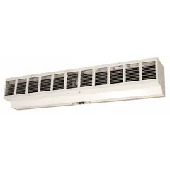 Unheated ambient air curtain for a 3 ft opening. Low-profile steel housing measures 7.5 in high, 36 in wide, and 6.8 in deep. Delivers 1050 cfm to create an air barrier that reduces drafts, dust, and insect entry in commercial or industrial doorways.