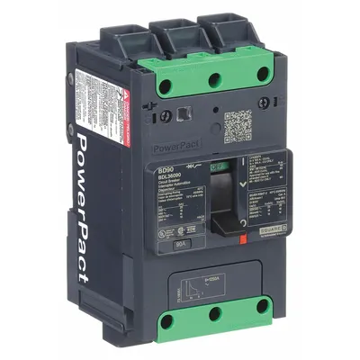 SQUARE D Molded Case Circuit Breaker: 90 A Amps, 25kA at 277/408V AC, Fixed, Everlink Lug Both Ends - B-Frame Square D Molded Case Circuit Breakers