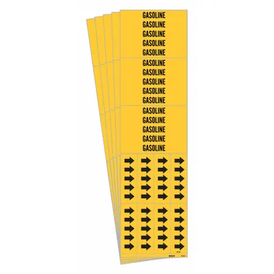 BRADY Pipe Marker: Gasoline, Yellow, Black, Fits 3/4 in and Smaller Pipe O.D. - Gasoline Adhesive Pipe Markers