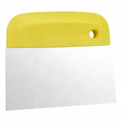 Stainless steel dough cutter with 5 3/4 in blade length and width, 4 1/2 in overall height. Polypropylene handle included. Used for portioning, scaling, and scraping dough in commercial bakeries and pizzerias.