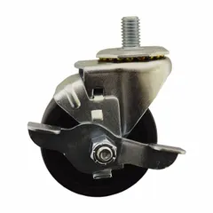 Swivel caster with threaded stem mounting and side brake. Silver frame finish. Compatible with Joerns Ultracare XT beds. Used for mobility and secure locking on healthcare beds in hospitals and long-term care facilities.
