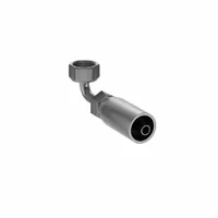 Carbon steel 90° elbow hydraulic crimp fitting with ORS (O-Ring Seal) connection. Female x male configuration for -4 hose dash size, 7/16"-20 thread. Used in hydraulic hose assemblies to route fluid lines at tight angles in high-pressure systems