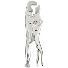 Lever-operated, plain-grip locking pliers with V-shaped jaws for secure clamping on round or irregular workpieces. Overall length 4 in, jaw length 1 7/16 in, max jaw opening 9/16 in. Suitable for general clamping and gripping tasks in maintenance, repair, and assembly applications.