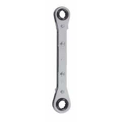 This PROTO wrench features a chrome finish for corrosion resistance. It has 7 mm and 8 mm double-end heads with a 12-point ratcheting box end design and 0° offset. The 4-1/2 in overall length suits use in confined spaces for tightening or loosening fasteners in automotive, industrial, and maintenance tasks.