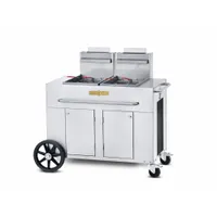 Wheeled fryer with two fry pots, 180,000 BtuH heating capacity, maximum operating temperature of 400°F, and two 30 lb tanks. Overall height 48 3/4 inches. Suitable for high-volume outdoor frying in commercial kitchens, catering, and food service operations