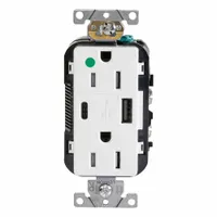 White hospital-grade duplex 5-15R receptacle rated 125V AC and 15 A. Features integrated USB Type A and Type C charging ports. Suitable for use in healthcare facilities and other settings requiring reliable power and device charging