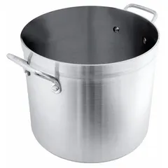 Aluminum stock pot with 60 qt capacity, 5 mm gauge body, and riveted handle. NSF certified. Lid not included. Used for large-volume cooking such as boiling stocks, soups, and stews in commercial kitchens.