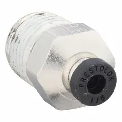 Nickel-plated brass push-to-connect fitting with male NPTF threads. Connects 1/8 in OD tubing to 1/4 in pipe. Suitable for pneumatic and low-pressure fluid systems requiring quick, leak-free assembly.