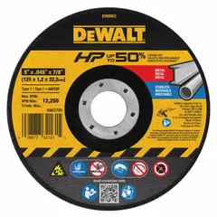 Type 1 general purpose cut-off wheel for cutting carbon and stainless steel. Constructed with aluminum oxide abrasive and 60 grit. Dimensions: 5" diameter, 0.045" thickness, 7/8" arbor hole. Suitable for metal fabrication, maintenance, and repair tasks.
