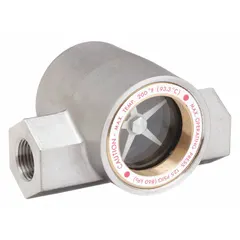 The Dwyer SFI-300SS-1 is a window sight flow indicator with an impeller rotor for visual flow verification of non-corrosive fluids. It features a 316 stainless steel body, 1-inch FNPT connections, tempered glass sight, Buna-N seals, and ABS wetted parts. Designed for vertical-up flow direction, it is used in piping systems to indicate fluid movement.