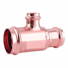 This press tee fitting is made of copper or bronze and connects three CTS (copper tube size) lines. It features a rolled center stop for consistent insertion depth. Typical applications include potable water and hydronic heating systems.
