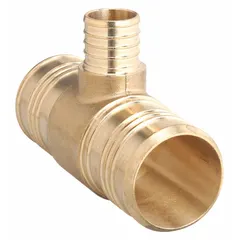 Brass crimp-on tee fitting with barbed x barbed x barbed connections. Designed for use with PEX tubing in plumbing systems, installed using a crimp tool to create secure joints.