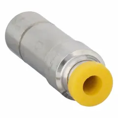 Nickel-plated brass tube fitting with Push-to-Connect x Push-to-Connect configuration. Connects 4 mm OD to 10 mm OD tubing. Used in pneumatic or fluid systems for quick, tool-free connections.