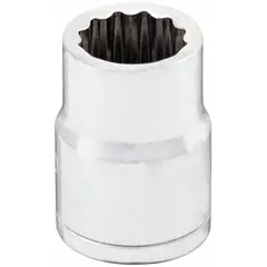 This 3/8" drive hand socket features a 12 mm metric size with a 12-point standard configuration. Constructed from chrome, it is used for tightening or loosening hex fasteners in automotive repair, machinery maintenance, and general assembly tasks.