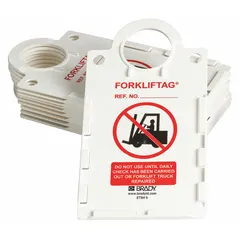This plastic tag insert holder is designed for use with forklift safety tags. It displays a 'Do Not Remove' message in English and accepts standard tag inserts. Suitable for industrial environments where equipment status tracking is required.