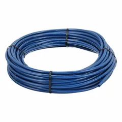 Metric polyurethane tubing with 10 mm inner diameter and 12 mm outer diameter, supplied in a 100 ft length. Blue color, Shore A 90 to 95 hardness, rated for maximum operating pressure of 150 psi at 180°F. Suitable for pneumatic systems, fluid transfer, and instrumentation lines in industrial automation and material handling.
