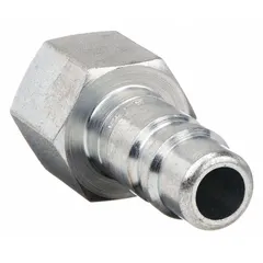 Steel quick-connect air coupling plug for industrial interchange systems. Features 1/2"-14 thread size and 1/2" female hose fitting. Used for pneumatic air-line connections in manufacturing, assembly, and maintenance environments.