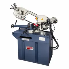 This mitering manual horizontal band saw has a 9 in x 7-1/4 in capacity and blade speeds from 90 to 256 FPM. It features a mitering range of 0° to 60° for angled cuts. Powered by a 5.0 A, 1-phase motor at 110V. Suitable for cutting metal stock in fabrication and maintenance applications.