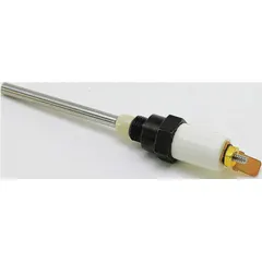 Flame rod for use in industrial burners and heating systems. Senses electrical conductivity through the flame to confirm ignition and prevent unburned fuel accumulation. Replacement part for HVACR controls, switches, and thermostats.
