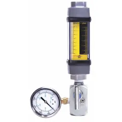 Variable area, inline flowmeter test kit for oils with scale display and +/-2% accuracy. Features Viton seals and O-rings, universal mounting orientation, and measures flow in liters. Suitable for field testing and maintenance of oil-based hydraulic and industrial systems.