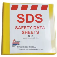 This red binder features a 2-inch ring size and includes A to Z dividers for organizing safety data sheets. A 36-inch metal security chain is provided to secure the binder. Suitable for maintaining GHS-compliant documentation in industrial settings.