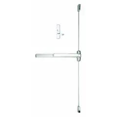 Surface-mounted vertical rod exit device with touchbar and lever trim, constructed from aluminum. Designed for doors up to 3 ft wide, providing latching for egress in commercial and industrial settings.