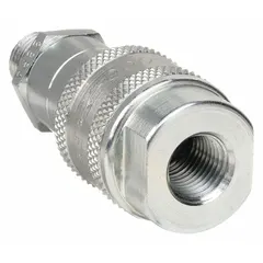 Steel hydraulic quick-connect coupling body with 1/4 in size, featuring both FNPT and MNPT threads. Suitable for rapid hose connection and disconnection in hydraulic systems, commonly used in mobile equipment, industrial machinery, and fluid power circuits.