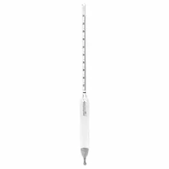 This Baume-scale hydrometer measures specific gravity of liquids relative to water. Range 1.200/1.420, scale divisions 0.005, accuracy +/-0.002/+/-0.2°. Constructed from glass. Suitable for density-based concentration checks in laboratory and industrial processes.