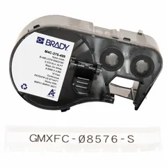 Thermal transfer continuous label roll cartridge for 0.6 mL vial/tube labeling. Black-on-white print on cryogenic autoclavable nylon material. Compatible with BMP51 printer series. Used for sample identification in laboratory and biobank settings.