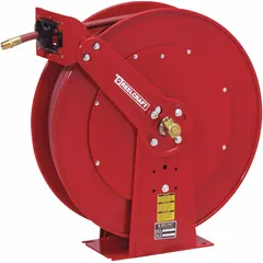 Spring-return hose reel for air or water applications. Features 75 ft capacity for 3/8 in I.D. hose, 300 psi max operating pressure, 3/8 in MNPT hose end, and nickel-plated steel swivel. Red finish, overall dimensions 24 in L x 10-1/2 in W x 25-3/8 in H.