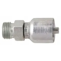 Steel straight crimp hose fitting with male x genderless configuration. Metric M16-1.5 thread connects to ports; crimp end fits -6 dash size hydraulic hose. Used in hydraulic systems for fluid power transmission.