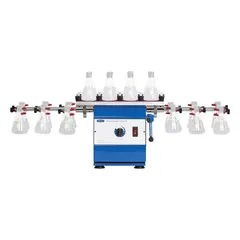Wrist action shaker with speed range from 0 to 385 RPM, capacity for 20 x 250 mL flasks. Includes two side arm shafts. Used for mixing, blending, and agitating samples in laboratory applications such as extractions and digestions.