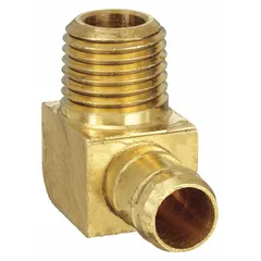 This PARKER barbed tube fitting elbow is made of brass with a rigid construction. It features a 1/4 in ID barbed connection on one end and a 1/4 in male NPT thread on the other. Suitable for connecting flexible tubing to threaded ports in low-pressure pneumatic, hydraulic, and fluid-handling systems.