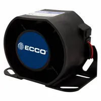 ECCO 840N heavy-duty backup alarm delivers a 112 dB tonal warning sound for reverse-motion zones. Operates on 12-36V DC, features a bolt mount and 16 AWG blunt cut wire connector. SAE Type C rated for high-noise environments. Measures 5 11/16 inches in length