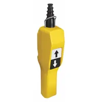 The SQUARE D XACA201 is a plastic-enclosed push-button pendant with two momentary push buttons labeled Up/Down. It features a dead-end hub, includes strain relief, and is rated NEMA 1/4/4X/5. AC contact rating is 3 A at 250 V; DC contact rating is 0.1 A at 600 V. Suitable for remote control of industrial equipment such as cranes, hoists, and conveyors