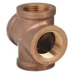 This brass pipe cross features four 1-inch female threaded openings for connecting pipes at a 90-degree intersection. Rated for a maximum operating pressure of 200 psi, it is suitable for low-pressure plumbing, HVAC, and industrial fluid systems handling water, air, or non-aggressive media.