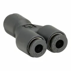 Nylon and nickel-plated brass push-fit wye fitting with three 1/8 in OD ports. Overall length 1 1/8 in. Used to branch pneumatic or fluid lines into three directions for 1/8 in OD tubing. Supplied in a 10-pack.