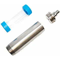 This stainless steel soil core sampler cup with cap is designed for collecting and retaining undisturbed soil core samples. It features a 5/8 in threaded connection and a 2 in overall diameter. The unit includes a 2 in x 6 in plastic liner for sample containment.