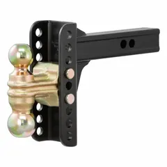 This steel adjustable ball mount features a 2 in shank diameter and dual ball diameters of 2 in and 2 5/16 in. It weighs 32 lb and includes pins and clips. The powder-coated finish with carbide coating provides rust resistance. Suitable for towing trailers, boats, and campers with standard receivers.