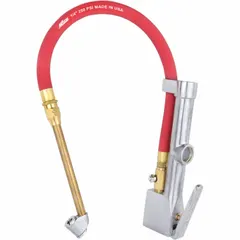Aluminum single-tire inflator gauge with sight glass for visual airflow confirmation. Features a 1/4 in thread size for compatibility with standard chucks and hoses. Used for inflating and checking pressure on single tires in automotive and fleet maintenance.