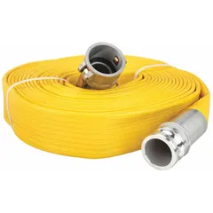 This PVC water discharge hose assembly features synthetic fabric reinforcement for strength. With a 1-1/2 in inside diameter, 50 ft length, and 200 psi working pressure, it is suited for transferring water in industrial, construction, and agricultural settings. The yellow hose operates in temperatures from -4° to 140°F.