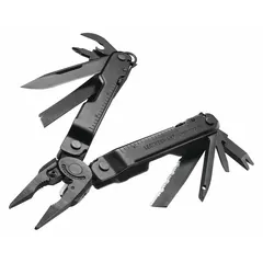 Full-size multi-tool with fold-out pliers, featuring 19 tools including a file and a #8-32 Cleaning Rod Brush Adapter. Constructed from stainless steel with a black finish. Closed length 4 1/2 inches, open length 7 inches. Suitable for maintenance, repair, and field work.