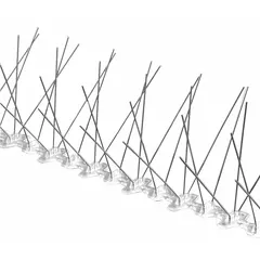 Plastic base bird spikes with stainless steel spikes, designed for narrow ledges. The 25 ft length provides coverage for deterring pigeons from landing and roosting. Suitable for ledges, roofs, and similar surfaces.