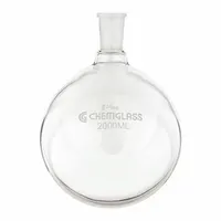 This 3 L round boiling flask is made of colorless glass meeting USP Type I specifications. It is designed for heating and boiling liquids in laboratory settings, compatible with a 24/40 stopper. The flask offers thermal shock resistance and chemical durability for general lab use