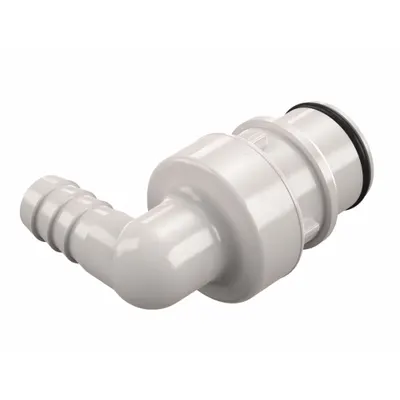 CPC Quick Connection Coupling: 90° Elbow, 3/8 in ID Size, Quick-Disconnect Coupler x Barbed - Polysulfone Quick-Disconnect Tube Fittings