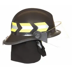 This white fiberglass fire helmet features a modern rear brim design for improved water runoff and neck protection. It includes a chin strap and suspension system for secure fit and impact absorption during firefighting and rescue operations.