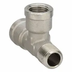This threaded pipe tee is used to split or combine fluid flow in medium-pressure pneumatic or hydraulic systems. Constructed from nickel-plated brass, it has a 1/8 in x 1/8 in x 1/8 in configuration and a maximum operating pressure of 870 psi. Overall length is 1 35/64 in.